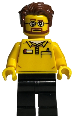 LEGO Store Employee, Black Legs, Beard and Glasses, Reddish Brown Tousled Hair