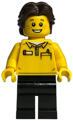 LEGO Store Employee, Black Legs, Dark Brown Short Wavy Hair