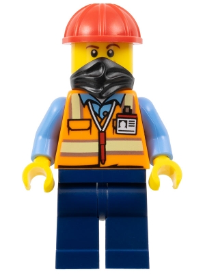 Construction Worker - Male, Orange Safety Vest with Reflective Stripes, Dark Blue Legs, Red Construction Helmet, Black Bandana