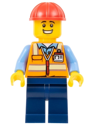 Construction Worker - Male, Orange Safety Vest with Reflective Stripes, Dark Blue Legs, Red Construction Helmet, Large Grin