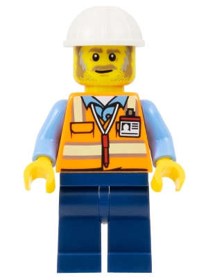 Construction Foreman - Male, Orange Safety Vest with Reflective Stripes, Dark Blue Legs, White Construction Helmet