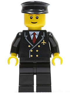 Airport - Pilot with Red Tie and 6 Buttons, Black Legs, Black Hat, Brown Eyebrows, Thin Grin