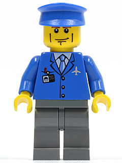 Airport - Blue 3 Button Jacket & Tie, Blue Hat, Dark Bluish Gray Legs, Vertical Cheek Lines