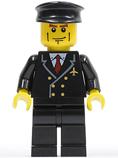 Airport - Pilot with Red Tie and 6 Buttons, Black Legs, Black Hat, Vertical Cheek Lines