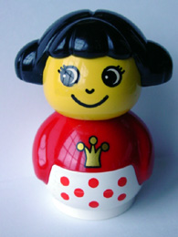 Primo Figure Girl with White Base with Red Dots, Red Top with Crown Pattern, Black Hair