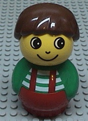 Primo Figure Boy with Red Base, Green Top with Red Suspenders with White Stripes, Brown Hair