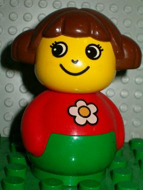 Primo Figure Girl with Green Base, Red Top with Daisy Pattern, Brown Hair