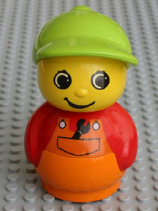 Primo Figure Boy with Orange Base, Red Top with Orange Overalls with Wrench, Medium Lime Hat