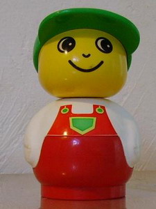 Primo Figure Boy with Red Base, White Top with Red Overalls with Green Pocket, Green Cap