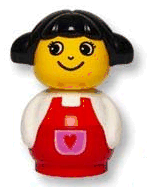 Primo Figure Girl with Red Base, White Top with Red Overalls with Red Heart in Purple Pocket, Black Hair