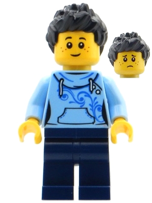 Bright Light Blue Torso, Dark Blue Legs, Black Hair