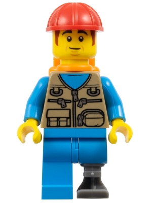 Train Work, Dark Tan Torso, Dark Azure Legs, Prosthetic Leg, Red Hat, Orange Air Tanks