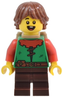 Elf, Green Torso, Dark Brown Legs, Reddish Brown Hair, Backpack
