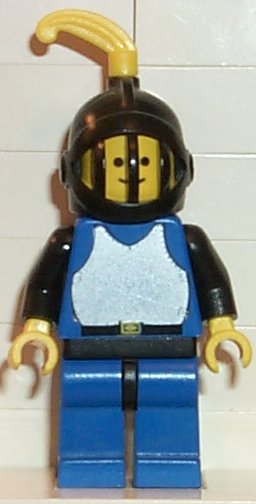 Breastplate - Blue with Black Arms, Blue Legs with Black Hips, Black Grille Helmet, Yellow Feather, Black Plastic Cape