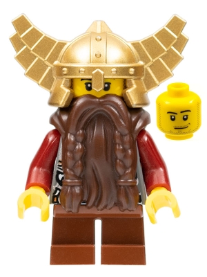 Fantasy Era - Dwarf, Dark Brown Beard, Metallic Gold Helmet with Wings, Dark Red Arms, Smirk and Stubble Beard