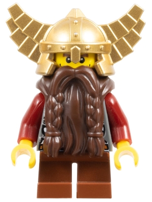 Fantasy Era - Dwarf, Dark Brown Beard, Metallic Gold Helmet with Wings, Dark Red Arms, Vertical Cheek Lines