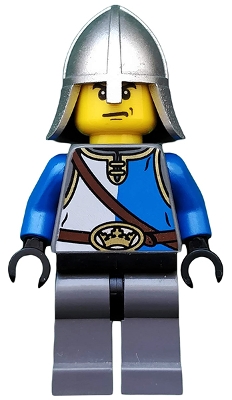 Castle - King&#39;s Knight Blue and White with Chest Strap and Crown Belt, Helmet with Neck Protector, Angry Eyebrows and Scowl