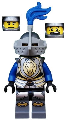 Castle - King&#39;s Knight Armor with Lion Head with Crown, Helmet with Pointed Visor, Blue Plume, Determined / Open Mouth Scared Pattern