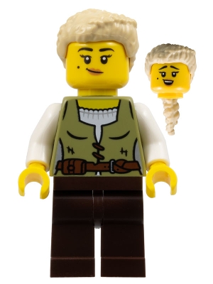 LEGO cas582 Carpenter - Female, Olive Green Vest, Dark Brown Legs, Tan Coiled Hair Ponytail