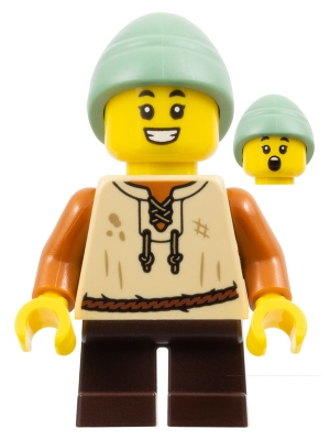 LEGO cas584 Peasant Boy - Tan Vest, Dark Brown Short Legs, Sand Green Slouch Hat