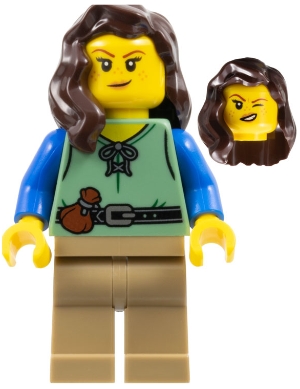 LEGO cas587 Shieldsmith - Female, Sand Green Vest, Dark Tan Legs, Dark Brown Hair over Shoulder
