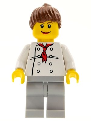 Chef - White Torso with 8 Buttons, Light Bluish Gray Legs, Reddish Brown Ponytail Hair, Brown Eyebrows, Female