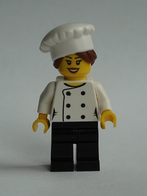 Chef - Black Legs, Open Mouth Smile, Hair in Bun, &#39;LEGO HOUSE Home of the Brick&#39; on Back, Female