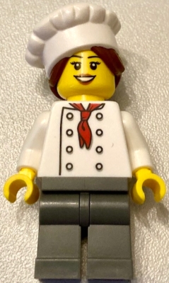 Chef - White Torso with 8 Buttons, Dark Bluish Gray Legs, Hair in Bun