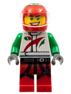 Race Car Driver, White Octan Race Suit with Octan Logo, Black Leg Straps with Carabiner