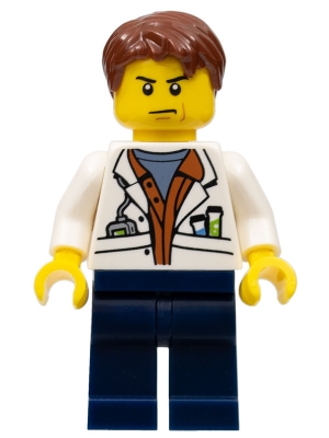 City Jungle Scientist - White Lab Coat with Test Tubes, Dark Blue Legs, Reddish Brown Parted Hair, Scowl