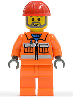 Construction Worker - Orange Zipper, Safety Stripes, Orange Arms, Orange Legs, Red Construction Helmet, Gray Angular Beard