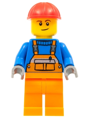 Overalls with Safety Stripe Orange, Orange Legs, Red Construction Helmet, Lopsided Smile