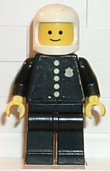 Policeman, Black Jacket with Zipper, Radio, and Badge, White Helmet and Visor, Brown Eyebrows
