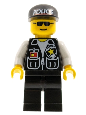 Police - Sheriff Star and 2 Pockets, Black Legs, White Arms, Black Cap with Police Pattern, Black Sunglasses