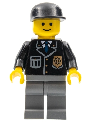 Police - City Suit with Blue Tie and Badge, Dark Bluish Gray Legs, Black Cap