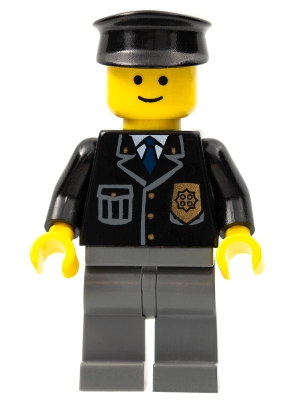 Police - City Suit with Blue Tie and Badge, Dark Bluish Gray Legs, Black Hat