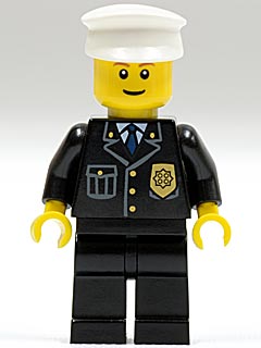 Police - City Suit with Blue Tie and Badge, Black Legs, White Hat, Brown Eyebrows, Thin Grin