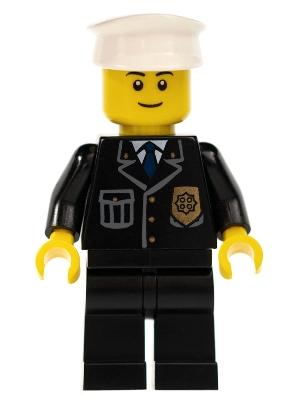 Policeman, Black Jacket with Pocket and Badge, White Hat, Smile, Black Eyebrows