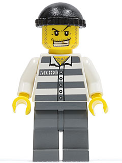Police - Jail Prisoner 50380 Prison Stripes, Dark Bluish Gray Legs, Black Knit Cap, Gold Tooth