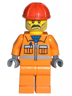 Construction Worker - Orange Zipper, Safety Stripes, Orange Arms, Orange Legs, Red Construction Helmet, Moustache and Stubble