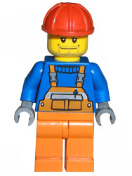 Overalls with Safety Stripe Orange, Orange Legs, Red Construction Helmet, Straight Smile