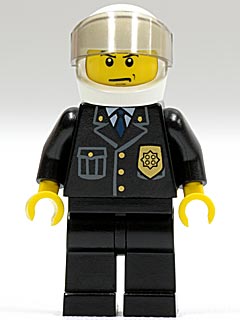 Police - City Suit with Blue Tie and Badge, Black Legs, White Helmet, Trans-Black Visor, Scowl