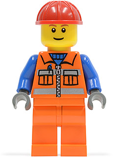 Construction Worker - Orange Zipper, Safety Stripes, Blue Arms, Orange Legs, Red Construction Helmet