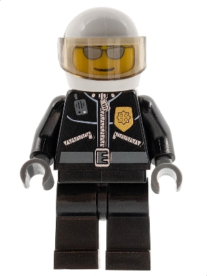 Police - City Leather Jacket with Gold Badge, White Helmet, Trans-Black Visor, Silver Sunglasses