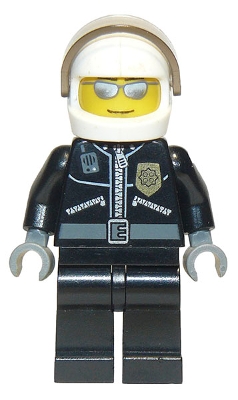 Police - City Leather Jacket with Gold Badge and 'POLICE' on Back, White Helmet, Trans-Black Visor, Silver Sunglasses