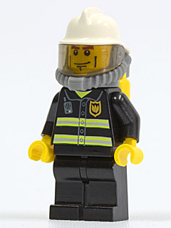 Fireman, Black Fire Jacket with Radio and Badge, White Helmet, Airtanks, Breathing Apparatus