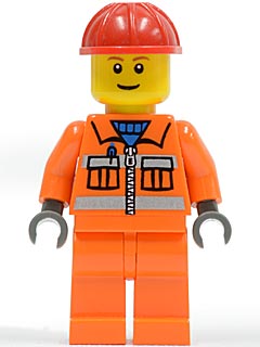 Construction Worker - Orange Zipper, Safety Stripes, Orange Arms, Orange Legs, Red Construction Helmet, Brown Eyebrows, Thin Grin