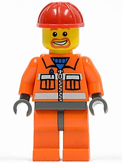 Construction Worker - Orange Zipper, Safety Stripes, Orange Arms, Orange Legs, Dark Bluish Gray Hips, Red Construction Helmet