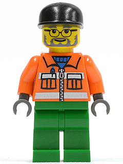 Construction Worker, Orange Jacket with Zipper and Reflective Stripes, Green Legs, Black Cap, Beard and Glasses