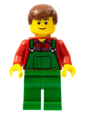 Man, Green Overalls over Red Shirt, Reddish Brown Hair, Black Eyebrows